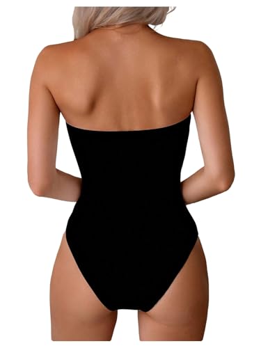 SweatyRocks Women's Floral Print Tube Strapless Swimwear Sleeveless One Piece Swimsuit Black S2