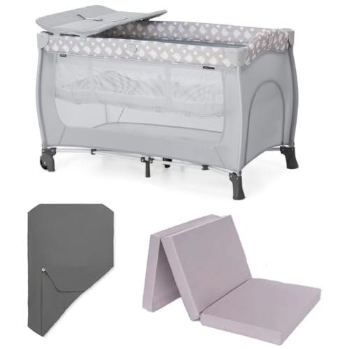 hauck Sleep N Play Center Cuna de Viaje con Doble Altura para Recién Nacido y Accesorios | Parque Infantil Bebé con Colchón Cambiador y Sábana Bajera - Desde Nacimiento hasta 15 kg – Teddy Grey