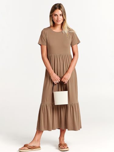 Image of ANRABESS Womens 2026 Summer Casual Maxi Dress A line Tiered Flowy Short Sleeve Crewneck T Shirt Beach Travel Long Dresses