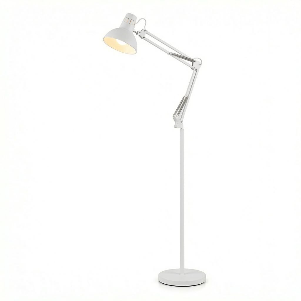 MAKA Lampada da Terra Moderna Piantana per Soggiorno Luce Lettura Orientabile Metallo Presa E27 Lampada da Ufficio Design Minimalista Illuminazione Interni Base Stabile 28x28x115cm 5kg (Bianco)