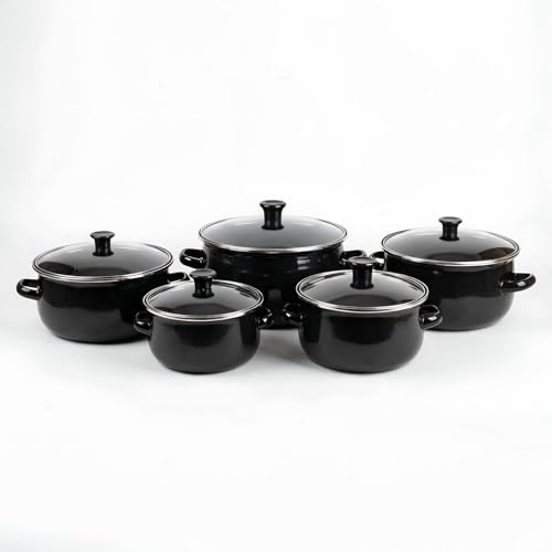 La mejor comparación de Juegos de ollas comprados en linea. 41 BETEAVON Juego Ollas Peltre Tradicional con Tapas de Cristal Vidrio, Olla de Cocina | Batería de Cacerolas Tradicional Alta Durabilidad (NEGRO, 5 PIEZAS)