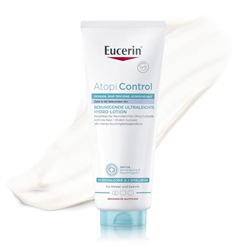 Eucerin AtopiControl Beruhigende Ultraleichte Hydro-Lotion 400 ml Basis Hautpflege bei trockener und atopischer Haut feuchtigkeitsspendende Körpercreme mit Licochalcone A und Hyaluronsäure