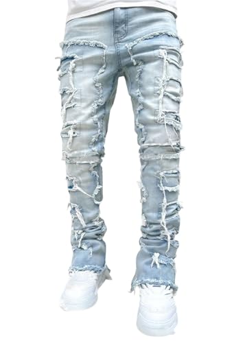 Mens Straight Leg Denim Jeans Novelty Patchwork Design Distressed Fuzzy Edge Patch Pants Casual Streetwear