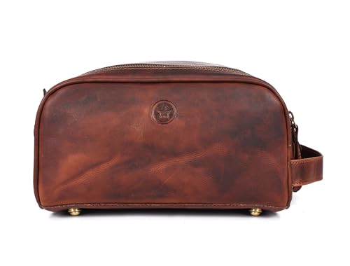 Leather Toiletry Bag for Men Grooming Travel Kit with Waterproof Lining (Dark Brown), Dark Brown, L, Toiletry Bag