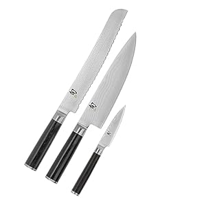 Shun Classic Damascus 3-Piece Knife Set, Includes Chef’s Knife 8-In, Bread Knife 9-In and Paring Knife 3.5-in Set, Made in Seki, Japan
