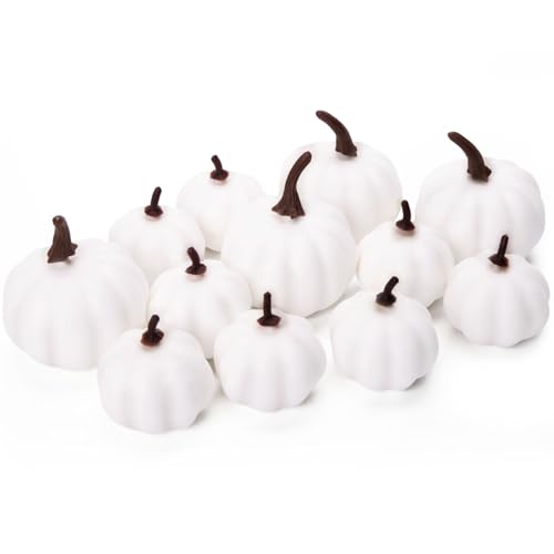 LOVEINUSA Artificial Pumpkins, 12PCS White Fake Pumpkins Fall Harvest Pumpkins Faux White Pumpkins for Halloween Thanksgiving Decorations