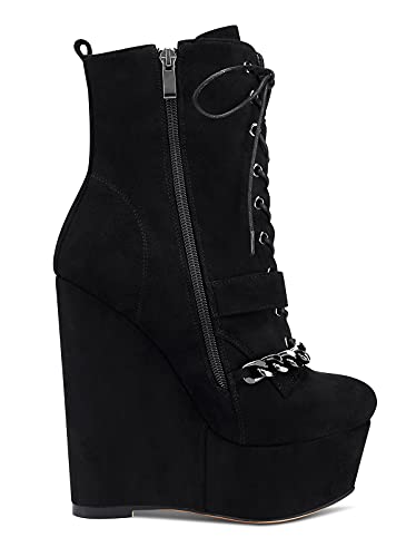 NobleOnly Womens High Heel Platform Wedge Ankle Boots Round-Toe Lace Up Rivet Boot with Zipper 6" Heel Shoes3
