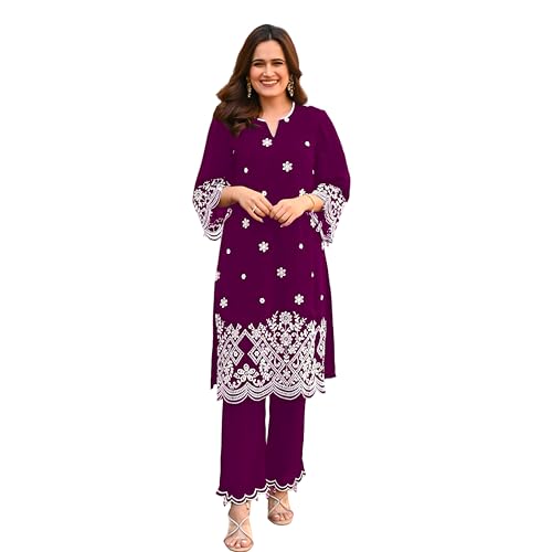 Image of BHARVITA Women's Cotton Lucknowi Embroidered Chikankari Work Straight Kurta with Pant Set for Every Occasion