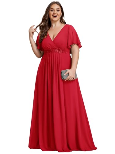 Image of Ever-Pretty Short Sleeves V Neck Plus Size Formal Dresses for Curvy Women Chiffon Mother of The Bride Dress Evening Gowns
