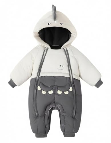 GigaCircle Acolchado Mono Bebe Invierno, Cute Dino Buzo Bebe Invierno Ropa Bebe Niño Biña, Double Zipper Mameluco Bebe Invierno, Gris 6-12 Meses