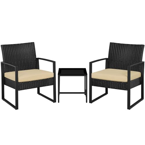 Yaheetech Juego de Sillas y Mesa Exterior Conjunto de Muebles Exterior Terraza Juego de Silla de Ratán para Jardín Balcón con Cojines Impermeable Begei