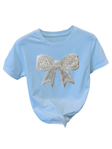 Image of RoseSeek Women's Rhinestone Sequin Bowknot Graphic Tees Short Sleeve Crewneck Summer Tops Going Out T Shirt