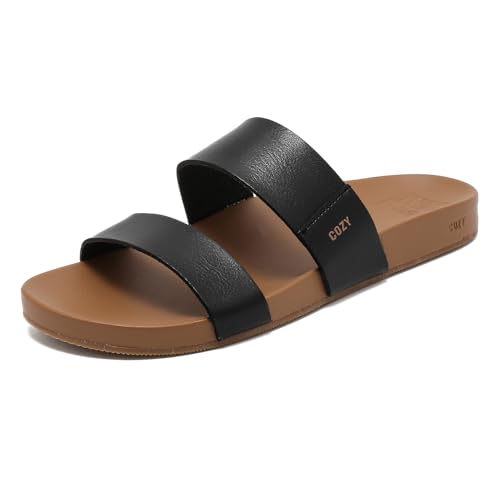 BiuYorBTY Women's Flat Slides Sandals, Two Strap & Non-Slip Vegan Leather Beach Slides,Comfortable Summer Sandals for Women and Men 2025