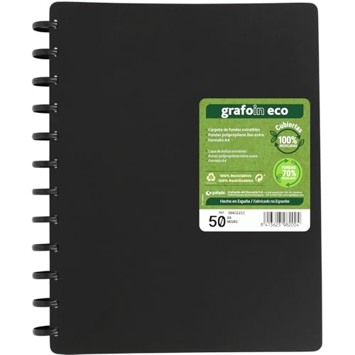 Grafoplas - Carpeta de Fundas Extraibles Grafo In ECO, 50 Forros Polipropileno Liso Extra 70% Reciclado, Tamaño A4, Tapas Rígidas 100% Recicladas, Intercala y Sustituiye Fundas Plastico Fácilmente
