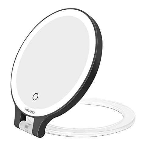 Kostlich MYIAMO Makeup Mirror with Lights, Double Sided Lighted Magnifying Mirror 10X/ 1X with 3 Color Lighting Modes, Tabletop Mirror with Adjustable Folding Handle for Home or Travel, Black Cover