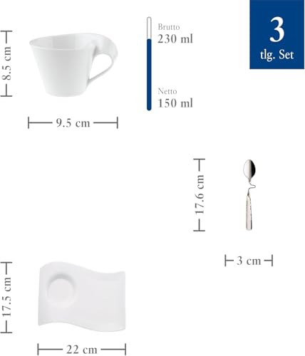 Villeroy & Boch - Newwave Caffè Cappuccino Tassen Set, Spülmaschinenfest, Mikrowellensicher, Cappuccinotassen, Kaffee Geschirr Set, Tasse, Untertasse, Löffel, Premium Porzellan, Edelstahl