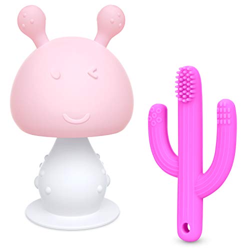 SHARE&CARE BPA Free Baby Teething Toys Set, 1pc Infant Rattling Mushroom Baby Teether Toys and 1pc Silicone Cactus Toothbrush Teether, Cute Chew Toys for Boys Girls Babies Toddlers Newborn (Pink2)