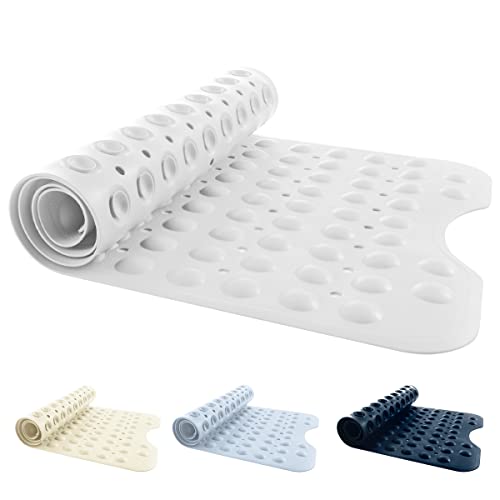 ANSIO Bath Mat Non Slip Anti Mould 100 x 40 cm Long PVC Shower Mat with Suction Cups & Drain Holes Machine Washable Bathtub Mat White