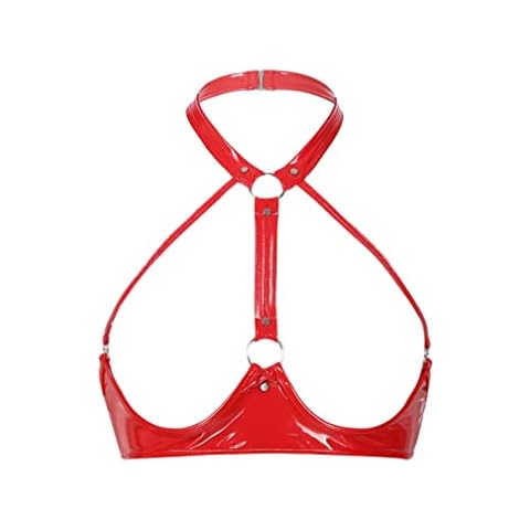 Agoky Damen Erotik BH Brust Offene Dessous Lack Leder Strappy Bra Bandage Fesseln Top Brust Harness Gogo Clubwear S-XL Rot XXL Cover