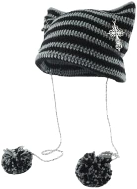 Crochet Hats for Women Vintage Fox Hat Grunge Goth Beanies Y2K Accessories Slouchy Beanies (Grey Black)
