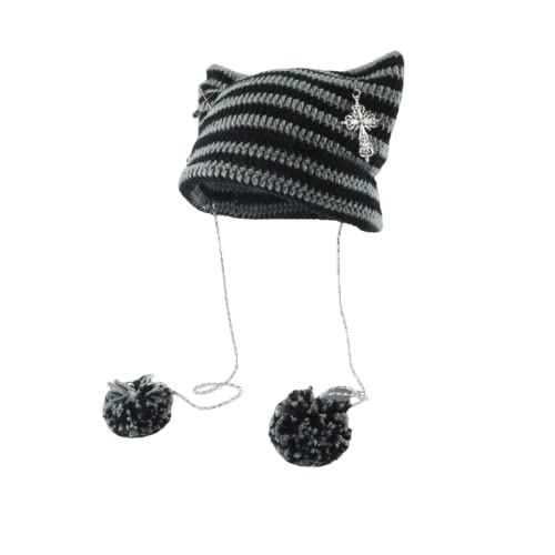 Crochet Hats for Women Vintage Beanies Women Fox Hat Grunge Goth Beanies Hat Y2K Accessories Slouchy Beanies for Women (Grey Black)
