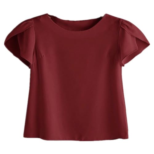 GisTeq Sommer Frauen Chiffon Bluse Kurzarm Rot Shirts Arbeit Casul Weibliche Kleidung, Burgunder, XL
