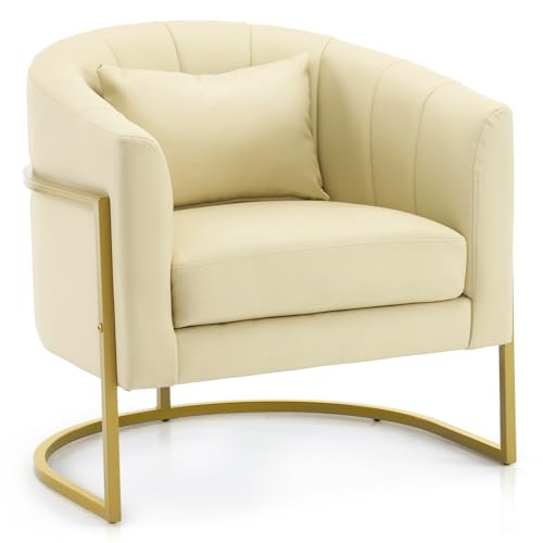 OmySalon Manicure Chair PU Vanity Chair, Gold Morden Metal Support w/Comfotable Armrest Pillow for Beauty Nail Salon Bedroom Living Room Office, 28.9''D x 25.9''W x 28.7''H(PU Leather, Off-White)