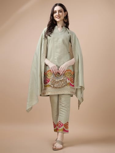Image of Granthva Fab Women's Chanderi Silk Embroidered Straight Kurta with Palazzos and Dupatta