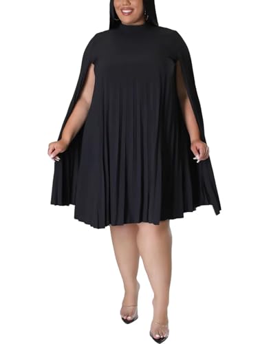 KEYUFANG Women’s Stand Collar Long Sleeve Cape A-Line Dress Oversized Loose Fit Evening Dress Black 2XL