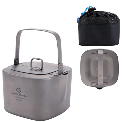 COOK'N'ESCAPE チタン ケトル 角型 400ml 軽量180g 直火/IH対応 折りたたみハンドル 無塗装 チタン製やかん 専用収納袋付き 登山 クッカー収納可 コンパクト アウトドア キャンプ 防災