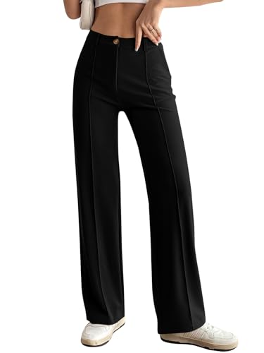 PRETTYGARDEN Straight Leg Pants Stretchy Button Business Casual Work Trousers Knit Elastic Waist Slacks