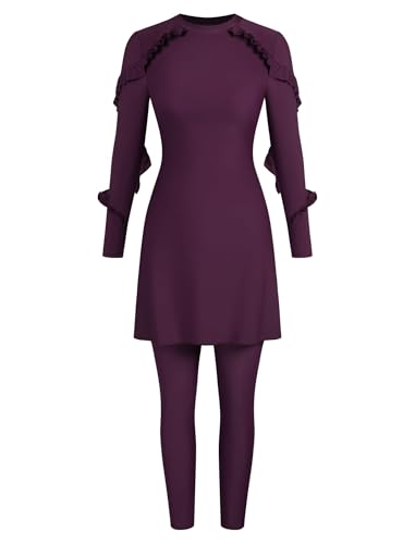 ZAFUL Women Modest Muslim Swimsuits Ruffle Full Coverage Islamic Arabic Burkini 2 Pieces Bathing Suit 0-Purple XL