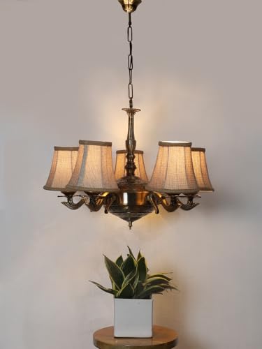 Image of Devansh 05 Lights Beige Round Shade with Antique Golden Chandelier -K