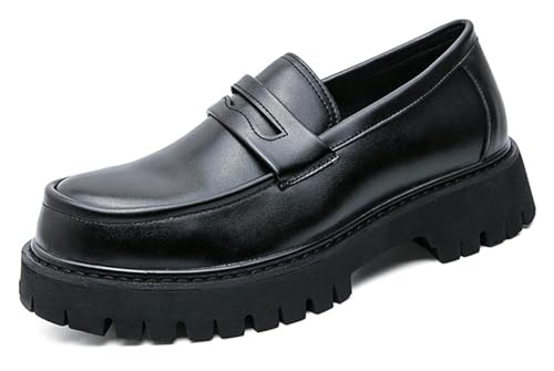 Generic Men's Leather Platform Chunky Slip-On Penny Loafers Classic Round Toe Lug Sole Business Casual Formal Work Shoes for Men