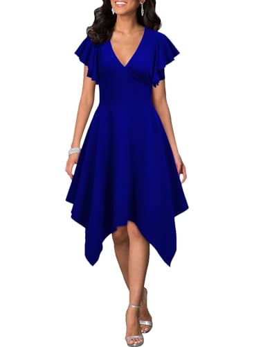 WOOSEA Womens Deep V Neck Formal Dress Hem Asymmetrical A Line Party Cocktail Dress Royal Blue