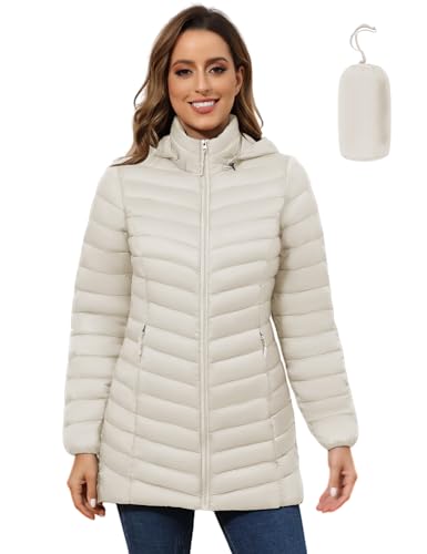 ROYAL MATRIX Women's Packable Puffer Jacket - Lightweight Winter Warm Long Quilted Puffer Coat with Detachable Hood (Beige, XXL