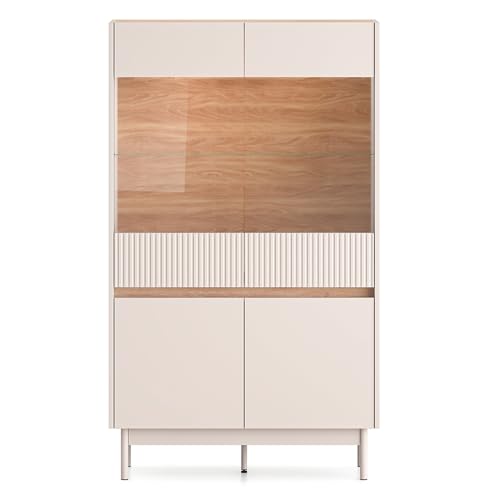Lomadox Wohnzimmer-Highboard 92 cm breit in Kaschmir matt mit Eiche LED Beleuchtung 2 Türen 2 Glastüren Glaseinlegeboden grifflos Metallfüße