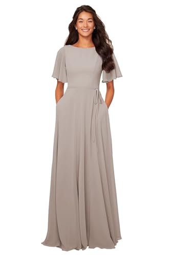Image of petyoo Chiffon Flutter Sleeve Bridesmaid Dresses with Pockets Sash Long A Line Formal Dress