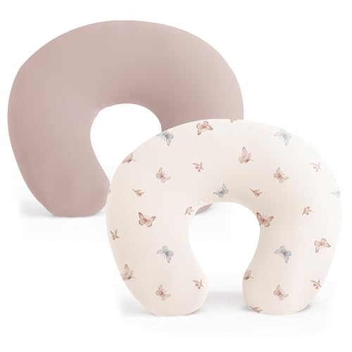 Image of Konssy 2 Pack Nursing Pillow Covers, Stretchy and Soft Nursing Cover for Breastfeeding Pillows, Pillow Slipcover for Baby Girls Boys Newborn (Butterfly Dreams, Taupe)