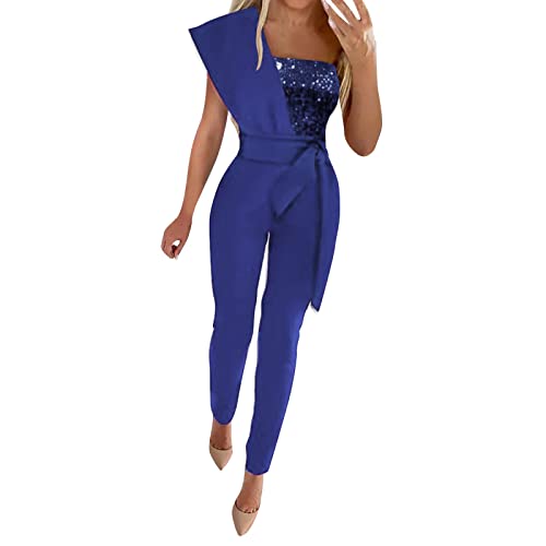Jumpsuit damer glitter one shoulder lekdräkter paljetter topp glitter elegant party bodysuit sexig långärmad sheer festival party bodycon med stil med bälte för casual fest festival outfit, blå, M