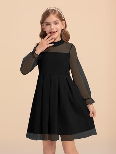 Haloumoning Girls Contrast Mesh Puff Long Sleeve Dresses Mock Neck Formal Party A Line Short Tulle Dress 5-14 Years3