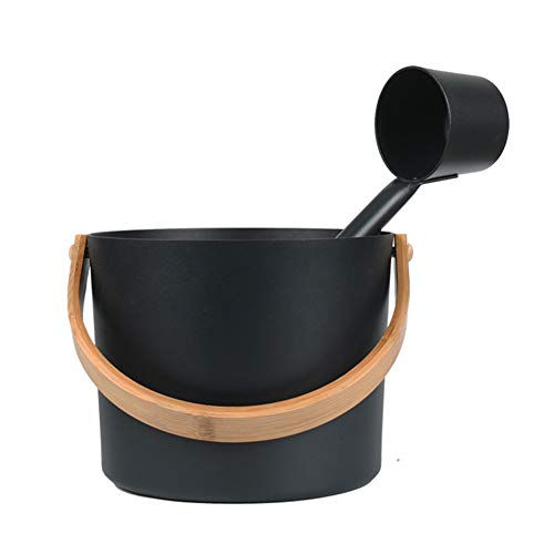 Klomveris Sauna Bucket and Ladle Set Portable 7L/1.85 Gallons Aluminum Sauna Bucket with Long Wooden Handle Spoon SPA Shower Bath Accessories Supplies for Home Saunas Steam Room