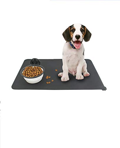 fushida Tapis d'alimentation pour animal domestique en silicone de qualité alimentaire, étanche, antidérapant, plateau d'alimentation pour chien et chat (48,5 x 30 cm, noir) Cover
