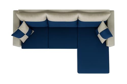 Image of FURNY Arissa 4 Seater Fabric RHS L Shape Sofa Set with Exta Cushions (Light Grey-Dark Blue) Premium Velvet Finish| Durable Comfort Ideal for Living Room
