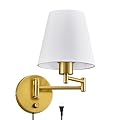 VONLUCE Swing Arm Wall Lamp, Plug in & Hardwired Wall Sconce, Adjustable Wall Mounted Lighting Fixture, Modern Wall Light with Golden Base White Fabric Shade for Bedside, Hallway, Reading
