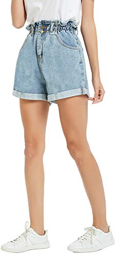 Plaid&Plain Women's High Waisted Denim Shorts Rolled Blue Jean Shorts Stone Wash Blue M