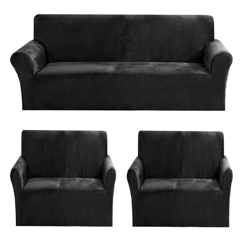 Image of Gifts Island Premium Velvet Sofa Cover 3 Seater and 2 Seater Fully Covered Universal 5 Seater Sofa Cover Non-Slip Sticky Elastic Stretchable Slipcover (Velvet Black)