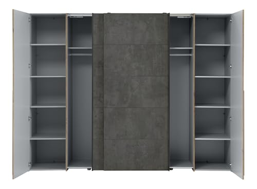 Forte Narago Schrank 270, Kleiderschrank, Schwebetürenschrank mit Drehtüren, Holzdekor Artisan Eiche kombiniert mit Grau, 270,3 cm breit x 210,5 cm hoch x 61,2 cm tief