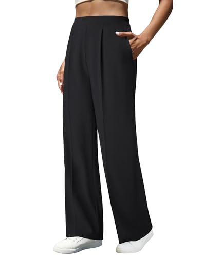 Women's High Waist Dress Pants Side Pockets Wide Leg Work Trousers Elastic Stretchy Casual Slacks