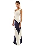 PattyBoutik Women's V Neck Striped Maxi Dress (Navy and Ivory White M)